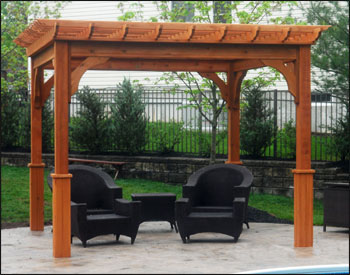 10 X 10 Cedar Deluxe 4 Beam Pergola shown with 2 Coats of Cedar Stain/Sealer and 8" Top Runner Spacing.