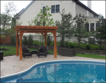 10 X 10 Cedar Deluxe 4 Beam Pergola shown with 2 Coats of Cedar Stain/Sealer and 8" Top Runner Spacing.