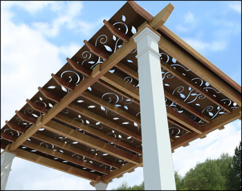 10 x 16 Oasis Free Standing Pergola shown with Powder Coated Steel Privacy Panels with floral design