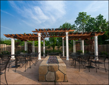 Custom Bi-Level 10 x 30 Cedar Oasis Pergola with Grapevine Top Shade Panels,Two Custom Grapevine Privacy Panels, and Cedar Stain/Sealer .