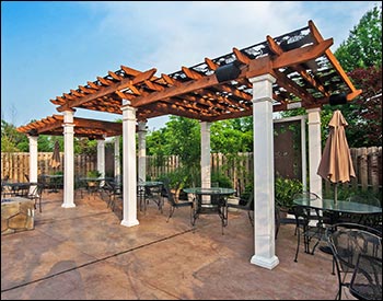 Custom Bi-Level 10 x 30 Cedar Oasis Pergola with Grapevine Top Shade Panels,Two Custom Grapevine Privacy Panels, and Cedar Stain/Sealer .