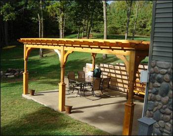 16 X 20 Treated Pine 4 Beam Deluxe Pergola Shown with 2 Coats of Cedar Tone Stain/Sealer, Decorative Posts, and 36" Decorative Post Trim