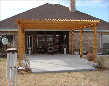 16 x 20 Treated Pine 2-Beam Pergola with optional 36" tall post bases, top runner spacing of 6", and customers stain/sealer. 