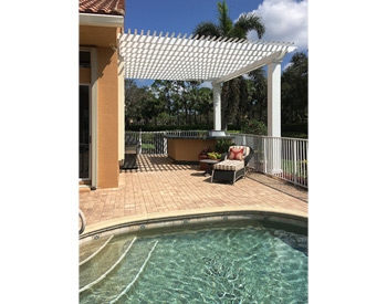 16 x 18 Fiberglass Vintage Classic Wall Mount Pergola shown with 6" top runner spacing, 2 -12”x12’ Square Duralite w/Tuscan poly cap/base sets, Hurricane Pkg / Engineered Drawings, and Sparta Rafter Tail Design. 