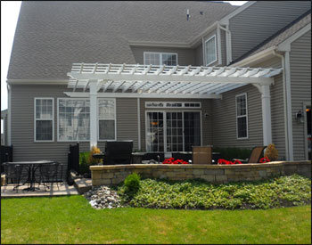 14 x 20 Custom Vinyl Wall Mount Pergola shown with 8" Square Columns-11 Tall, Laminated Header Beams with Vinyl Wrap, and 2x6 Vinyl Runners (24" overhang on outside and 18" in nook area)