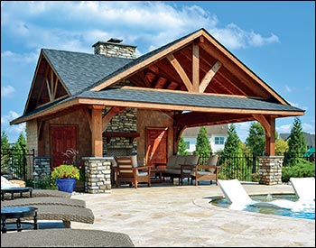 30 x 30 Custom Grand Bay Ramada with additional roof sections below the gables, Slate Gray Asphalt Shingles, Cedar Stain, and a substantial amount of stonework done by the customer with a 3rd party.