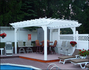 2 Beam Vinyl Pergola Shown. Custom size and shape: 11 11" x 8 6" x 12 6" x 12, 2x8 Header Beams, 2x6 Decorative Scroll Ends., Straight Cut Runners, 1x1 Top Runners 12" on Center, and Gray Composite Deck