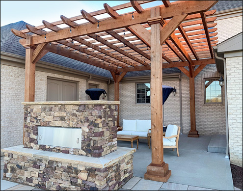 Custom 185" x 136" Cantilevered Rustic Cedar Vintage Classic Pergola shown with Cedar Tone Stain/Sealer.