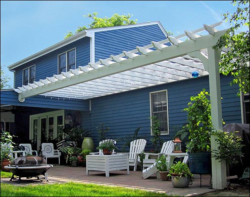 Custom 14 x 26 Treated Pine Pergola Shown with Custom Wall Mount, White Paint, and 36" Post Trim
