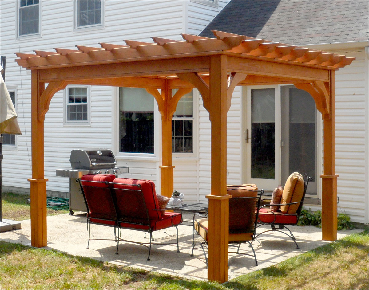 Customer's Photo - 10' X 10' Treated Pine Deluxe 4-Beam Pergola 10 X 10 Treated Pine Deluxe 4-Beam Pergola shown with cedar stain/sealer - Customer's Photo - 10' X 10' Treated Pine Deluxe 4-Beam Pergola