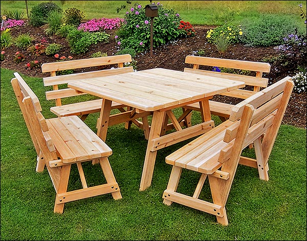 Red Cedar Square Table w/ 4 Backed Benches