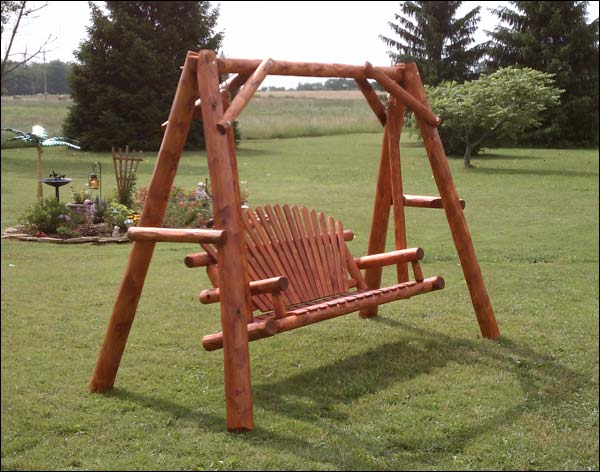 White Cedar Stained Love Seat Swing w/ A-Frame Swing Stand